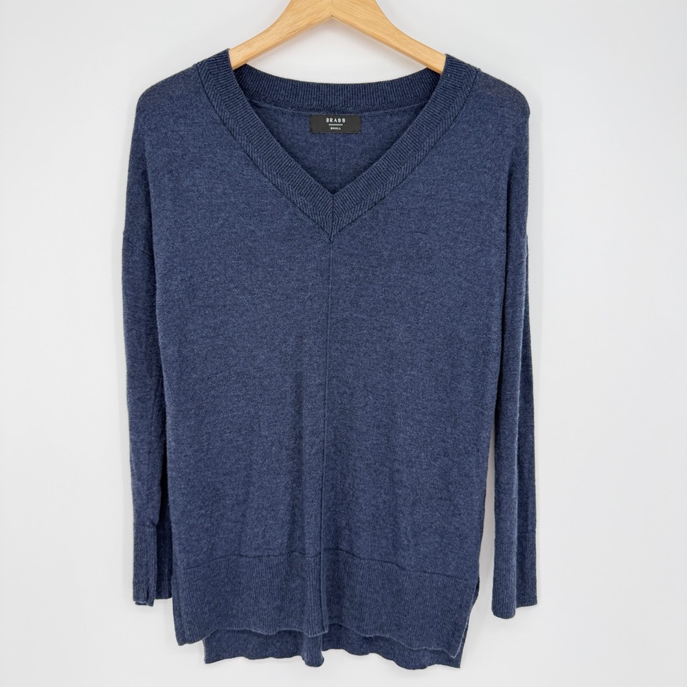 BRASS Blue Merino Wool Blend V-Neck Tunic Sweater Small Minimalist